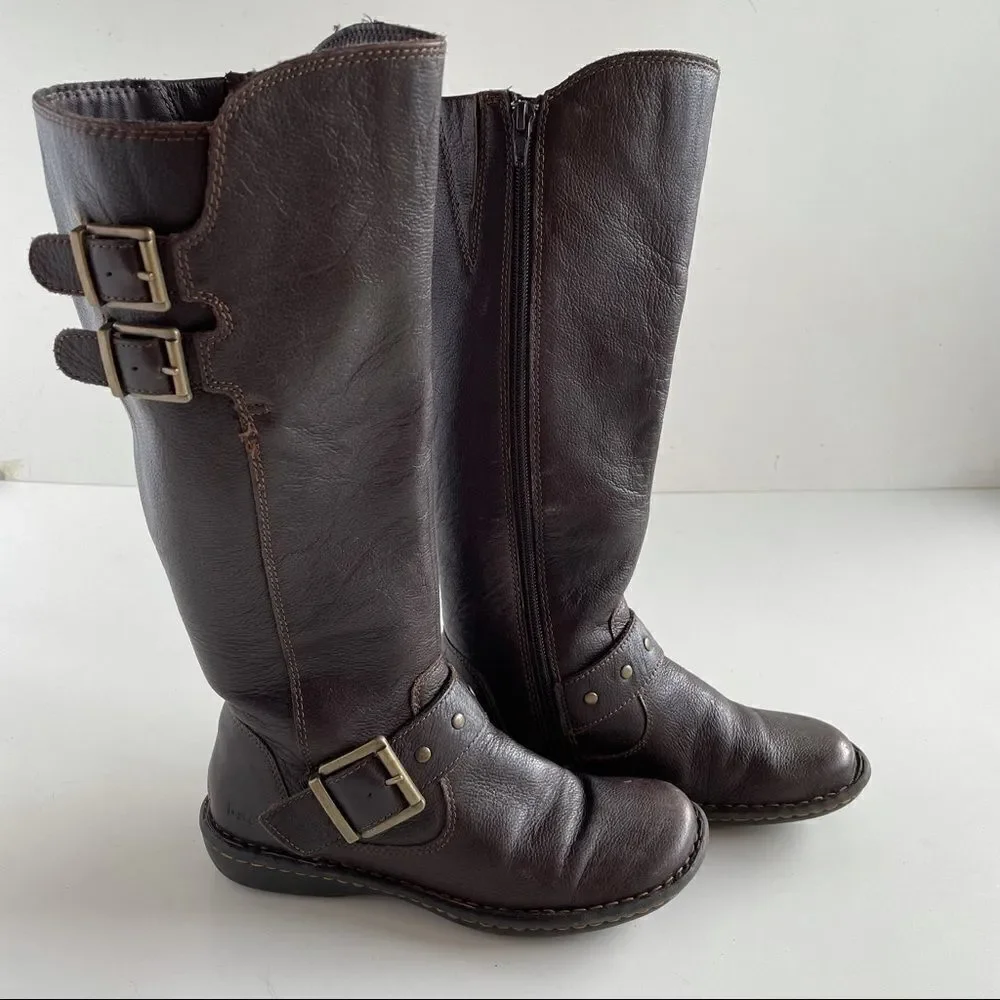 boc 6 Brown Leather Oliver Mid Calf Riding Full Zip Up Buckle Boots gold b.o.c.